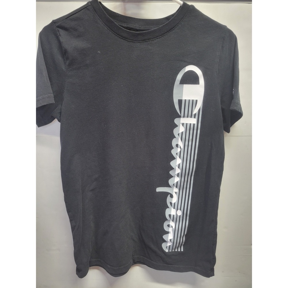 Champion Boys Black Graphic T-Shirt Vertical Logo Short Sleeve Size M 10/12